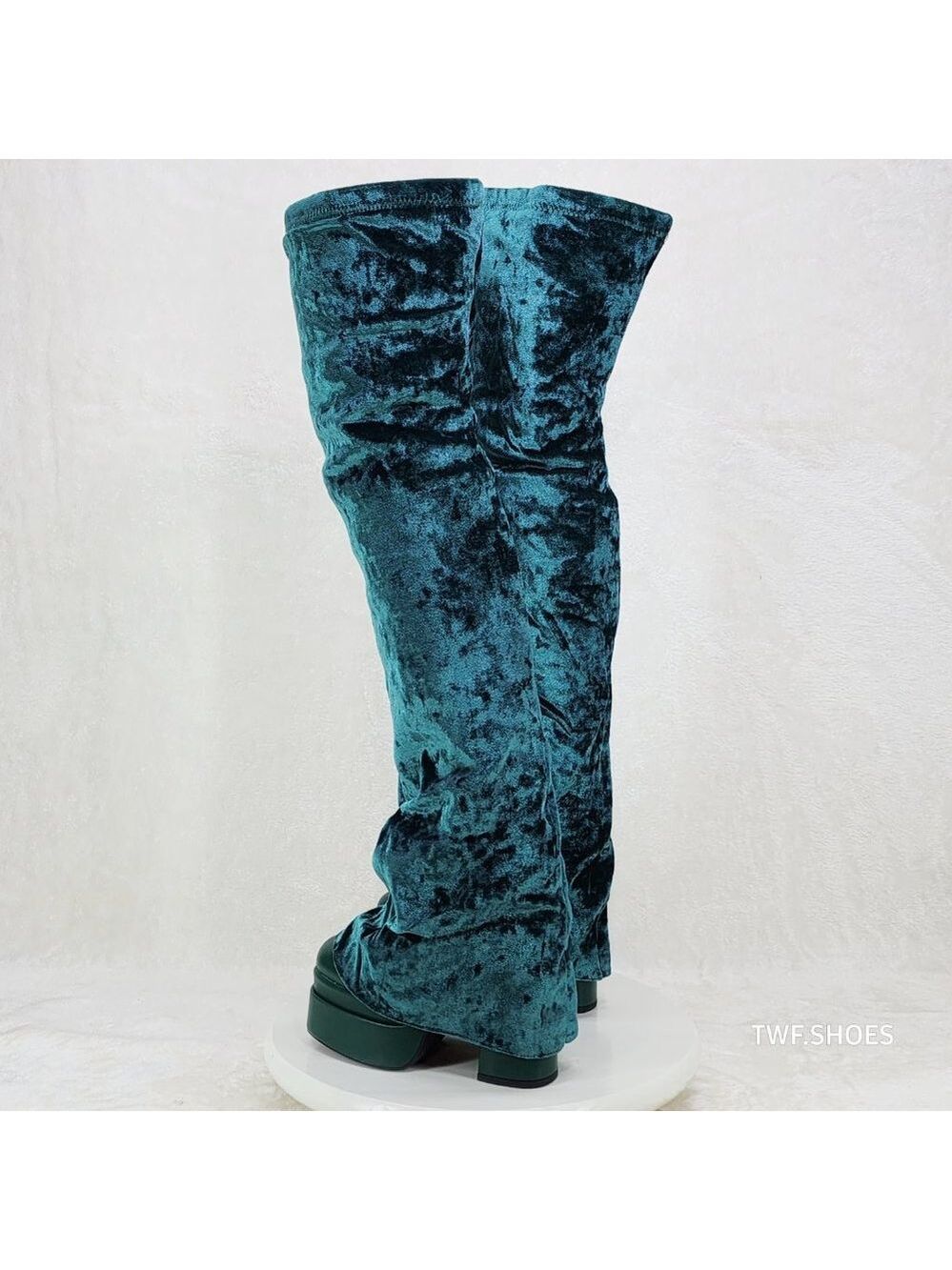 Good Will Unique Thigh High Emerald Velvet Fold over Chunky Heel Platform Boots - Picture 12 of 15